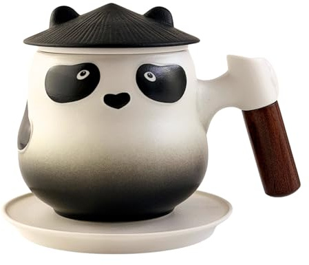Kicura - PANDA Teetassen-Set, 350 ml – 4-teiliges Set aus Keramik – mit Holzgriff, inkl. Sieb, Deckel & Unterteller – Tassen-Set – für Teeliebhaber & als Deko – in Geschenkbox – in 6 Farben (Schwarz)