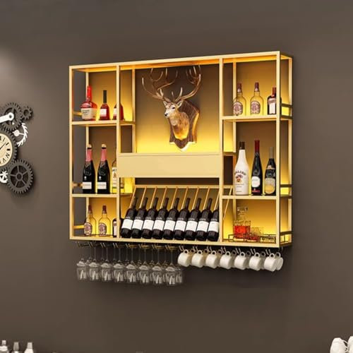 Generico Portabottiglie da Parete con Luce LED, portabottiglie sospeso a 3 Livelli, mensole galleggianti con portabicchieri e portabottiglie, mensola portaoggetti, per Sala da Pranzo, Cucina, soggior