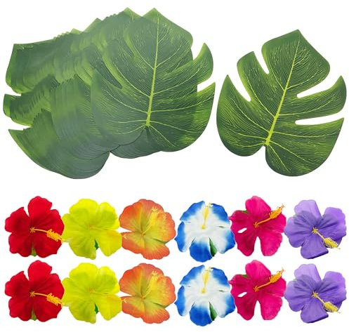 duoyif Künstliche Blätter Deko Palmblätter Tropische 20x18cm 24Stk Monstera Blättern 24Stk Hibiskus Blume, Gefälschten Blättern Für Strand Geburtstag Hochzeit Hawaii Party Tischdeko (Palmblätter c)