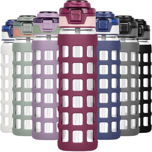 Ferexer Botella de agua de vidrio de 1 litro/660 ml con tapa abatible con pajilla, a prueba de fugas, sin BPA, vidrio de borosilicato sostenible, con funda de silicona, botella deportiva de vidrio