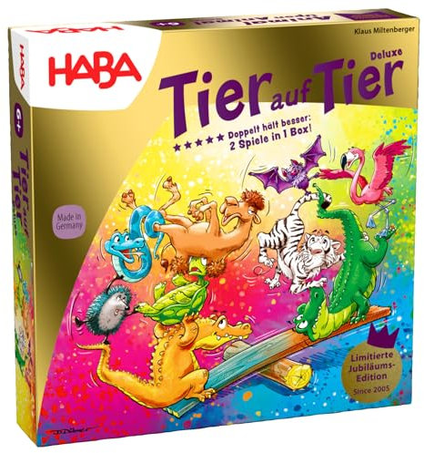 HABA Tier auf Tier Deluxe Version – Stapel- und Würfelspiel aus Holz mit 30 bunten Tieren und Wippe, Wackelspaß für die ganze Familie, Spiel ab 4 Jahren – 2012205001