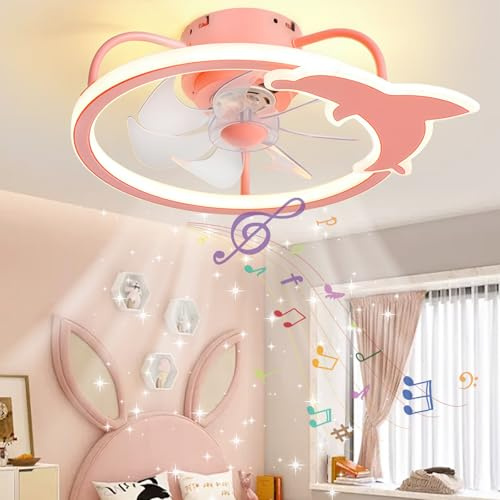 LASANYA Ventilador de Techo Dolphin con Luz Para Habitación Infantil con Altavoz Bluetooth, Lampara Ventilador Techo Silencioso Motor DC Reversible, Lampara Ventilador Techo para Salón-Blue