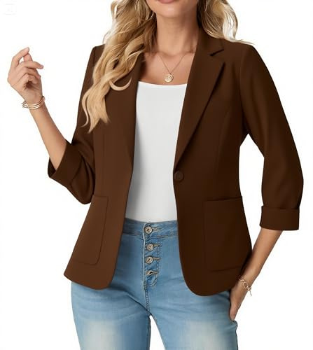 GRECERELLE Womens Blazer Suit Elegant 3/4 Sleeve Notch Lapels Collar Jackets Business Work Office Cardigans Jacket Suiting & Blazers with Pockets Button for Ladies (Coffee, 14)