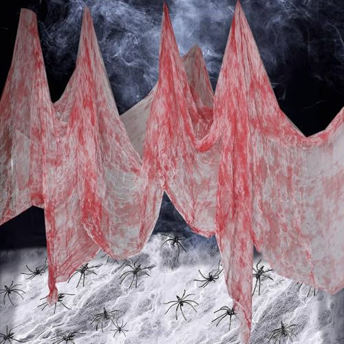 Deco Halloween Effrayante Tissu, 600 x 215 cm Tissus Decoration Halloween, Rouge Spooky Tissus, avec Araignée et Coton Araignée, pour Maisons Hantées, Interieur, Portes, Fenêtres, Jardin