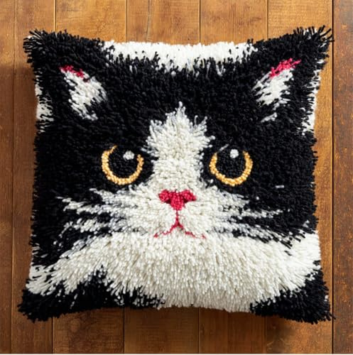 Rqwybcaxn Diy Knüpfkissen Set Weiße Und Schwarze Katze Knüpfsets,Knüpfkissen,Sticksets,Diy-Teppich,Handarbeiten,Knüpfkissen-Sets 43X43Cm