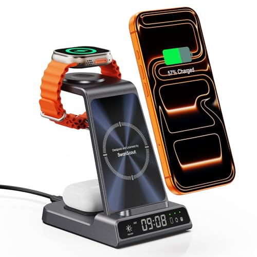 Cargadores inducción para iPhone, Phelinta 3 en 1 Estación de Carga inalámbrica con Reloj Compatible con iPhone 17/16/15, Estación de Carga inalámbrica para iwatch 8/7/6/5/4/3 y Air Pods Pro (Gris)
