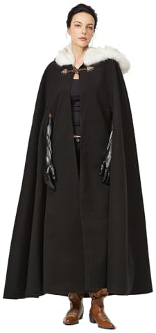 BEAUTELICATE Donna Mantello con Cappuccio in Pelliccia Sintetica Retrò Misto Lana Mantello Poncho Lungo per Medievale Rinascimentale Cosplay Mantello Cappotto per Matrimonio Sposa Invernale,Nero