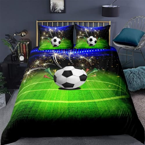 Copripiumino Singolo 155x220 Pallone da Calcio Set di Biancheria da Letto per Bambini Campo Sportivo 3D Copri Piumino in Morbido Microfibra Copripiumini con Cerniere e 2 Federe B-933
