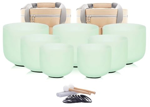 Hye-eun Juego de 7 cuencos de cristal de 432 Hz con sonido de chakra de cuarzo esmerilado verde menta con 2 bolsas de transporte para limpiar el alivio del estrés, conciencia espiritual