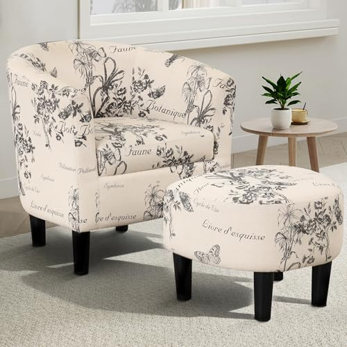 EBELLO Tub Chair Armchair with Footstool for Small Space, Accent Chair with Soft Cushion, Flower-Patterned Fabric Bucket Chairs, Occasional Cuddle Chairs for Living Bedroom Reading Reception