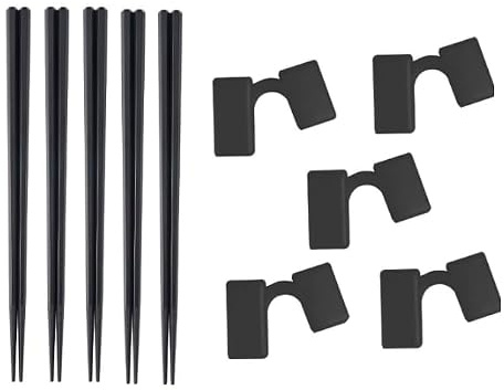 CXNXFD Juego de palillos de fibra de vidrio, 5 pares, color negro con soporte para palillos, palillos reutilizables para comida asiática
