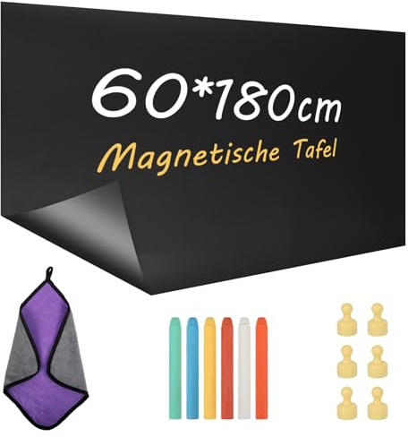 GDWD Film tableau magnétique autocollant, 60 x 180 cm Film magnétique, Tableau à craie effaçable, Tableau magnétique avec 6 craies, 6 marqueurs, 6 aimants pour la maison, le bureau, l’école, tableau