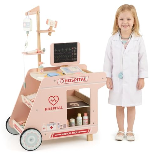 COSTWAY Centre Médical Enfant en Bois avec Machine CT | Films Radiographiques, 23 Accessoires, Thermomètre Stéthoscope Tensiomètre, Kit Docteur, Chariot Médical Enfant Rose, 3 Ans+