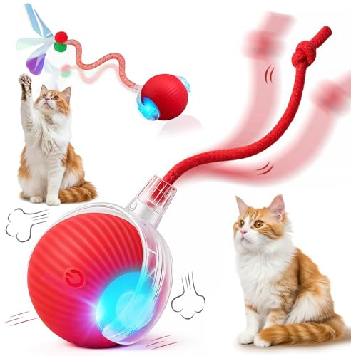 Agoigo Cat Ball Toy, Motion-Activated Interactive Toy with Dual Tails (Red) | Motion-Activated Rolling Toy | 3 LED Modes & Dual Tails | Stimulate Cat Hunting Instincts