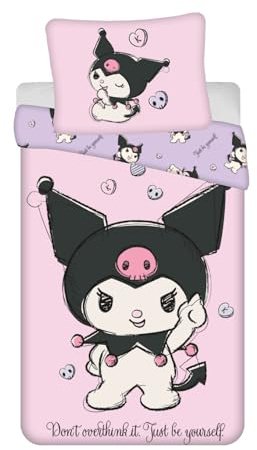 Kuromi Niña Funda Nórdica 140x200+70x90 Just Be Yourself Rosa/Violeta | Ropa de cama reversible | Cama 90 | 100% Algodón Oeko-Tex | Kuromi | Idea regalo | Licencia oficial