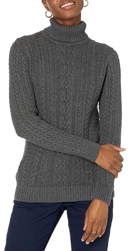 Amazon Essentials Women's Long Sleeve Fisherman Cable Knit Turtleneck Sweater, Cotton (Available in Plus Size), Charcoal Heather, Large