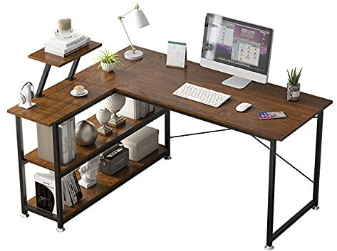 Laptop-Tisch Computertisch Ecke PC. Schreibtisch L-förmiges Schreibtisch 47 Einfache Home Office-Schreibtisch-Schreibtisch mit Lagerregalen, rustikal braun und schwarz Arbeitstisch für das Heimbüro