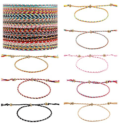 KINBOM 30 Pcs Color Woven Wrap Friendship Bracelets Multi-Color Adjustable Handmade Braided Rope Friendship Bracelets with Copper Beads for Women Teens Girls Friends Birthday Party Gifts