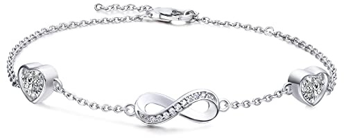 Qings Infinity Unendlichkeit Armband Damen Sterling Silber Geburtsstein Armbänder Armreif mit 2 Herz Charms Verstellba Armkette Valentinstag Muttertag Weihnachten Geschenk für Mama Mädchen