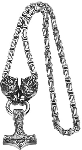 OIDEA Collar para hombre con cadena de rey de cabeza de lobo, amuleto vikingo de acero inoxidable, colgante de collar de martillo de Thor, joyería pagana nórdica, Cadena de 22 pulgadas (Plata)
