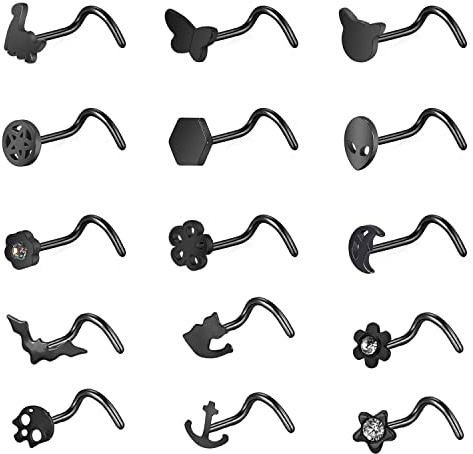 ZS Nasenstecker für Damen, 20 g, 15 Stück, Chirurgenstahl, L-förmig, schwarzer Fledermaus-Schädel, Korkenzieher-Nasenpiercing-Schmuck, 20G(0.8mm), Edelstahl