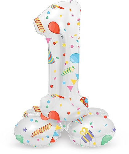 Folat 64761 Luftballon Geburtstag Stehender Ziffer Zahl 1 Joyful Party Weiß mit Geschenke und Dekoration 41 cm - Decoration Geburtstagdeko, Ballon Zahl, Kein Helium erforderlich