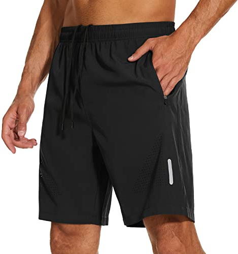 YUTYTH Mens Gym Running Shorts Breathable Quick Dry 7 Gym Athletic Shorts with Zipper Pockets and Reflective Strip Black