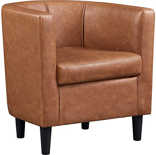 Yaheetech Accent Chair, PU Leather, Modern and Comfortable Armchairs, Upholstered Barrel Sofa Chair for Living Room Bedroom Waiting Room, Brown