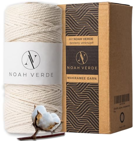 NOAH VERDE-Makramee Garn 3mm x100m Beige, 100% Baumwolle, Anleitung Anfänger (scanbares E Book) für 3 DIY Makramee Projekte, Macrame Boho Deko, Macrame Cord 3mm Off-White, plastikfreie Verpackung