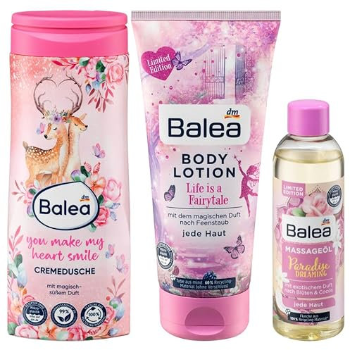 Balea 3er-Set Hautpflege: Duschgel YOU MAKE MY HEART SMILE mit magisch-süßem Duft (300 ml) + Bodylotion LIFE IS A FAIRYTALE (200 ml) + Massageöl PARADISE DREAMING mit exotischem Duft (100 ml), 600 ml