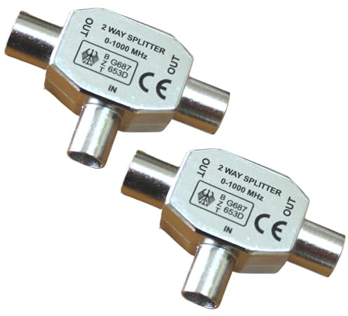 2-Way Aerial Coaxial Cable Splitter - Relloh Digital TV Aerial Splitter Male to 2 Female Aerial Connectors Shielded Metal Housing, Compatible with Cable TV Antenna (2)