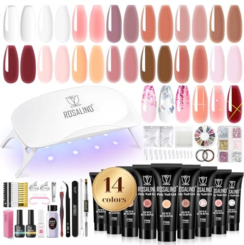 ROSALIND Kit Unghie Gel Completo, Kit Gel Ricostruzione Unghie 14 Colori con Mini UV/LED Lampada, poligel per Unghie con Base y Top Coat, Nail Art Estensione delle Unghie Kit