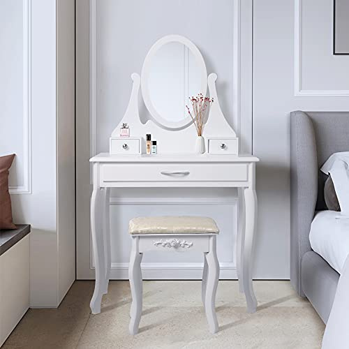 ML-Design Schminktisch Weiß, Frisiertisch mit Spiegel, Hocker und 3 Schubladen, 75 x 140 x 40 cm, Landhausstil, Kosmetiktisch für Damen & Mädchen, Frisierkommode aus MDF Holz, Kommode Make-up Tisch