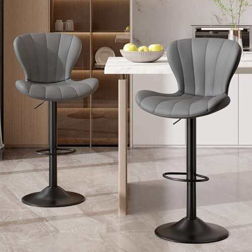 Hawthyhome Barhocker 2er Set Höhenverstellbar Barstühle 360° Drehstuhl mit Rückenlehne Küchenstühle mit Fußstütze PU-Leder für die Küche/Wohnzimmer/Bar/Esszimmer Grau