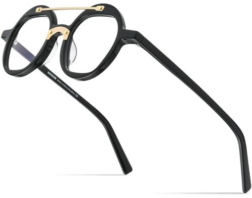 MUTYNE Acetat-Brillengestell für Herren, Vintage, Retro, rund, für Damen, Brillen, Gold, Schwarz, Einheitsgröße