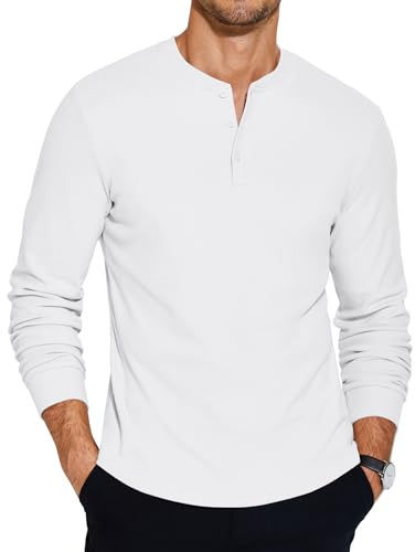 COOFANDY Henley Shirts Long Sleeve Men Grandad T-Shirt Casual Mens Button Tops Basic Winter for Men White M