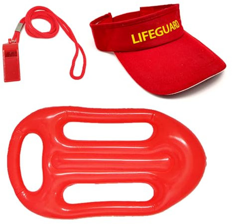 FUIPVGI 3 Pezzi Lifeguard da Bagnino Set Include Cappello da Bagnino Regolabile Salvagente Gonfiabile Bagnino e Fischietto, Accessorio per Bagnino Cappelli da Sole Accessori per Costume da Bagnino
