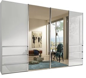 WIEMANN Schwebetürenschrank Kleiderschrank Schlafzimmerschrank 330cm breit, mit Schubladen, Glas weiß, mit Spiegel, Höhe 236cm, Malibu