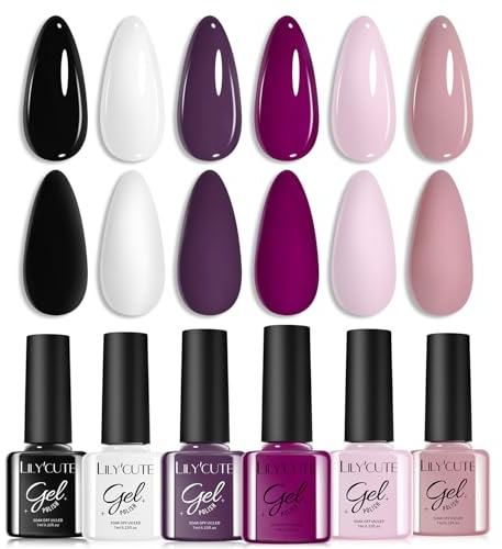 Lily'cute - Esmalte de gel UV semipermanente, color blanco negro, 6 colores púrpura, morado claro, Soak Off UV LED manicura, Nail Art 7 ml