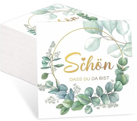 80 Stück Servietten Eukalyptus Grün, 3-Lagige Schön Dass Du Da Bist, Servietten Hochzeit Salbeigrün Taufe Kommunion Tischdeko, Servietten für Garten Hochzeit Party