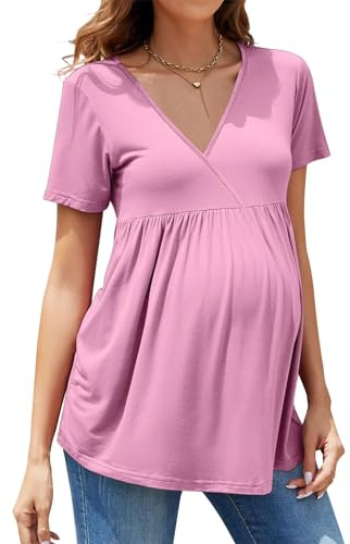 hohololo mammamode t-shirt kortärmad V-ringad graviditet moderskap toppar för gravida kvinnor, Rosa1, XL