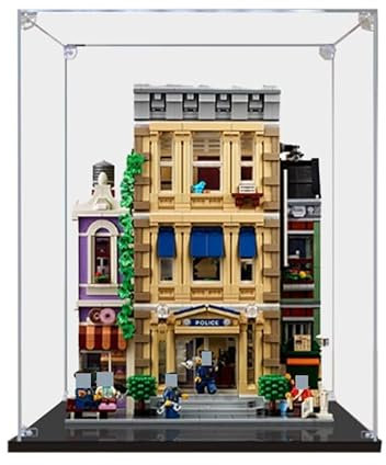 HCAEIOFJ Transparente Acryl-Vitrine für Lego Creator 10278, anwendbar für Polizeistationen, Geschenk (nur Vitrine) (schwarze Unterseite 3 mm)