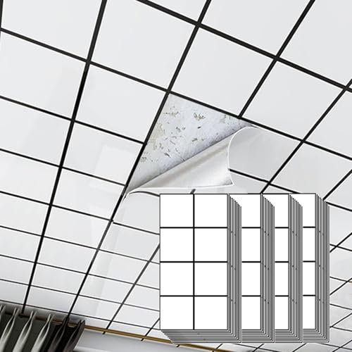 RENLXFI Deckenpaneele Deckenplatten Badezimmer Deckenplatten Kleben Wasserdicht, Dekorative Deckenverkleidung Alternativen Für Interieur Küche Bad Keller, Hintergrund Tapete Fliesen Weiß(40 Pack)
