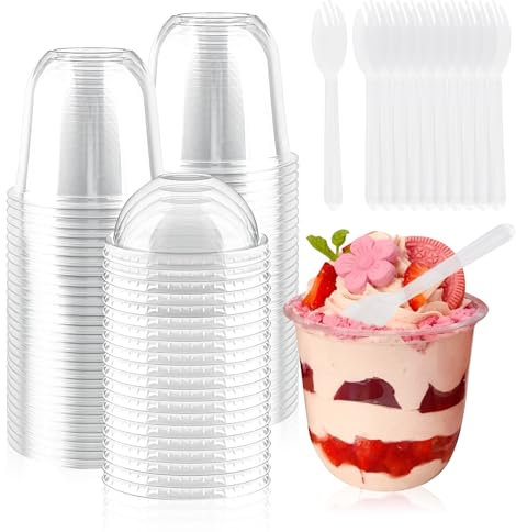 XIAQICA 50pcs Coppette Gelato 360ml Bicchierini Finger Food Plastica Trasparenti Ciotoline Monoporzione con Coperchio e Cucchiaio per Gelato, Budino, Mousse, Tè al Latte