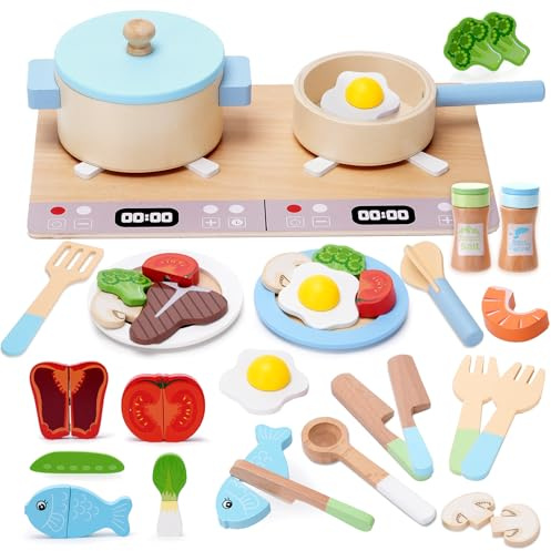 Play Kitchen Accessories, Wooden Play Cooking Set, Pretend Play Kitchen Set for Kids, Including Stove, Cookware Pots and Pans, Cooking Utensils Playset, ​Cutting Food Playset for Girls Boys Toddler