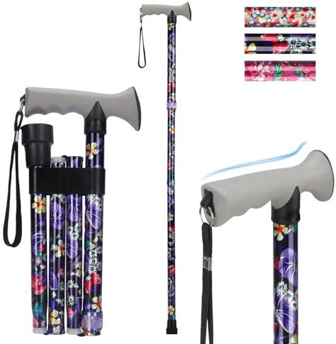 supregear Folding Walking Stick, Adjustable Height Foldable Collapsible Lightweight Portable Travel cane with Soft Handle, Walking Aid for Elderly Disabled Men Women, Black Large Floral