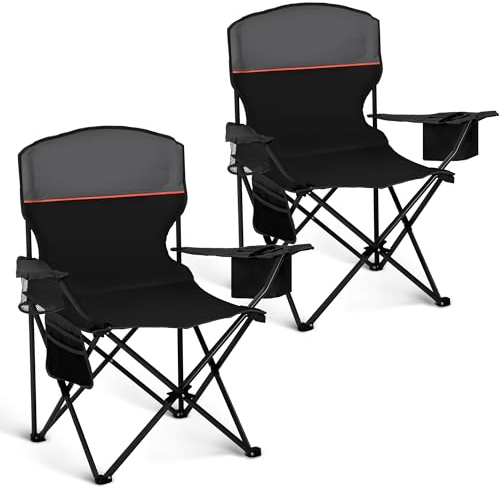 HIGH POINT SPORTS 2er Set Klappstuhl Campingstuhl Faltstuhl Komfortable Anglerstuhl mit Getränkehalter & Kühlfach, bis 120Kg Belastbar, Anglersessel klappbar Gartenstuhl Faltstuhl Relaxsessel, Schwarz