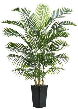 TNGGNT Artificial Palm Tree：6FT Tropical Fake Silk Plant UV Resistant Faux Areca Palm with White Planter & Black Pebbles for Home Office Living Room Decor Indoor Patio Porch Balcony (6FT,1-Pack,Black)