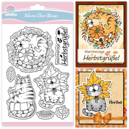 GLOBLELAND Deutscher Herbst Cartoon Katze Transparente Silikonstempel Herbstliche Lustige Comic Katze Klare Stamps Kürbissen Ahornblättern Silikonstempel Für Kartengestaltung DIY Prägung Journaling