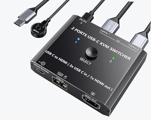 Camgeet Switch KVM USB C 2 PC 1 monitor 4K @60Hz, switch KVM tipo C per 2 computer portatili, condivisione 1 monitor e mouse/tastiera, KVM Switch USB-C HDMI con 2 cavi USBC e controller desktop